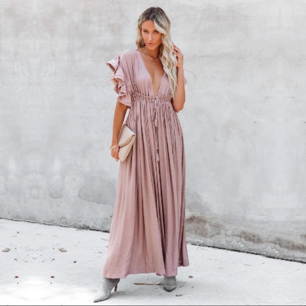 Light Dusty Pink Gauze Boho Button Maxi Coverup Dress - Picture 2 of 10